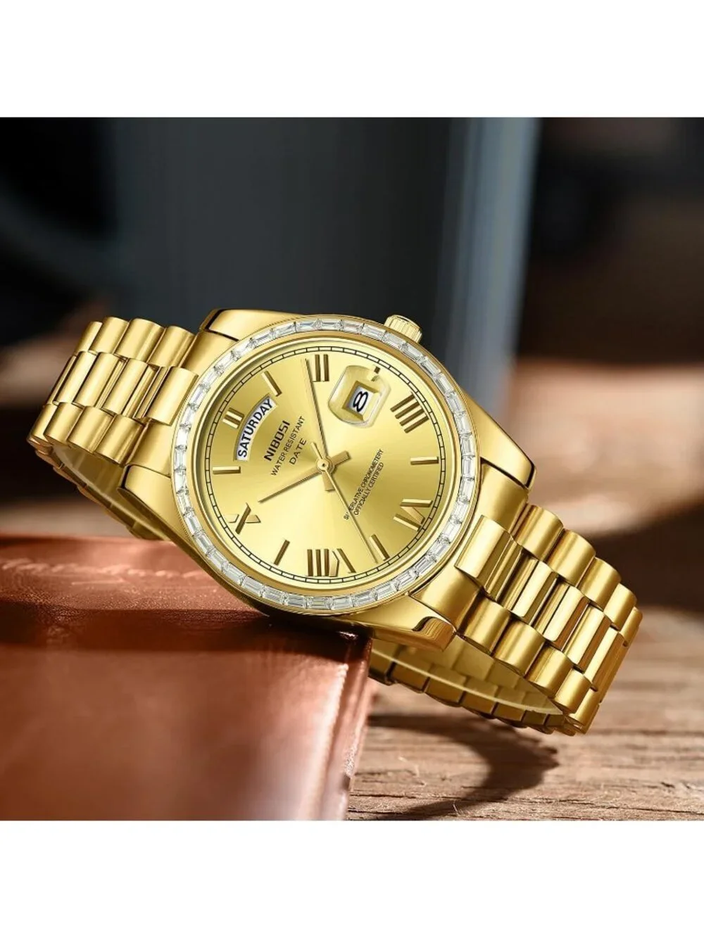 Nibosi Men's Gold Analog Quartz Diamond Bezel Stainless Steel Waterproof Watch